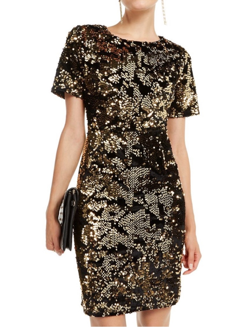 INC International Velvet & Sequin Black Gold Dress Large